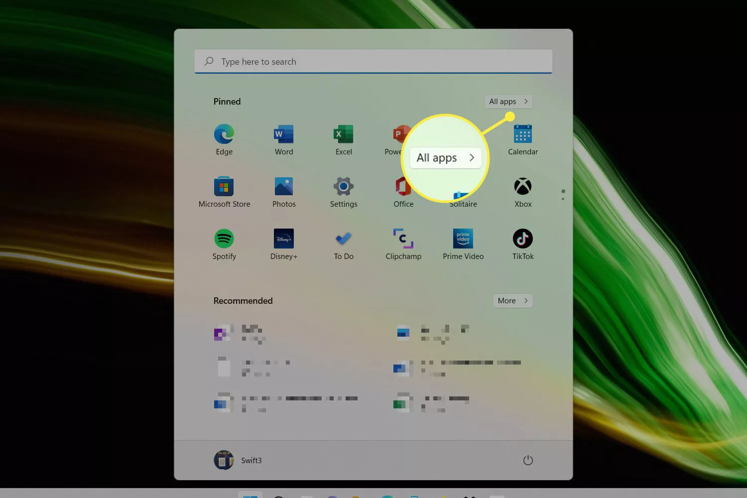 The Windows Start menu and the All Apps button highlighted.